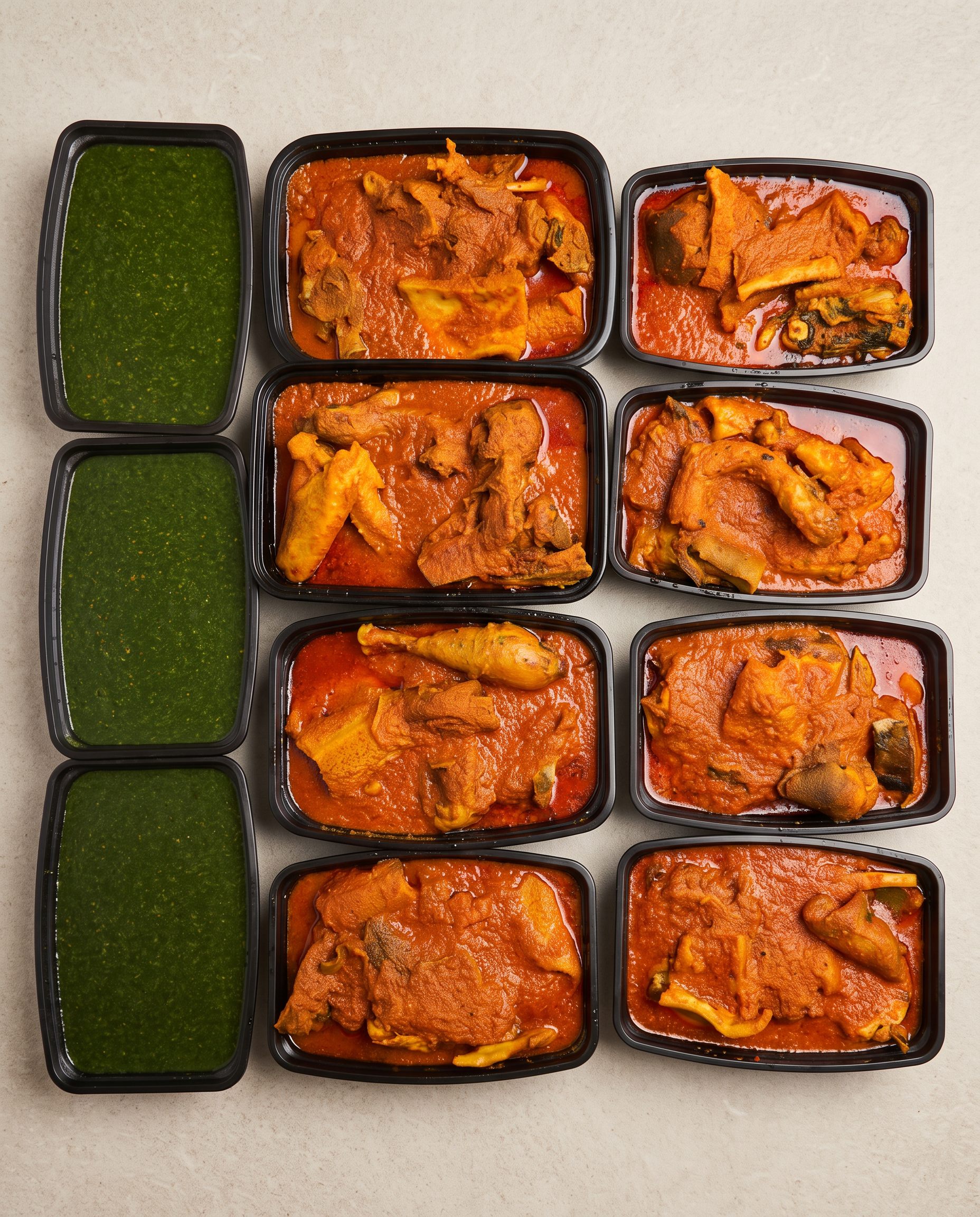 Peppered chicken in red sauce with green pepper sauce