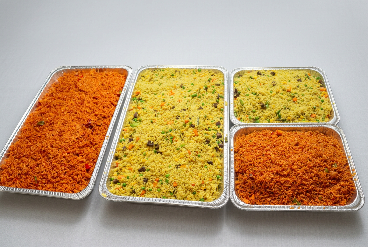Full and half pans of jollof and fried rice from our kitchen