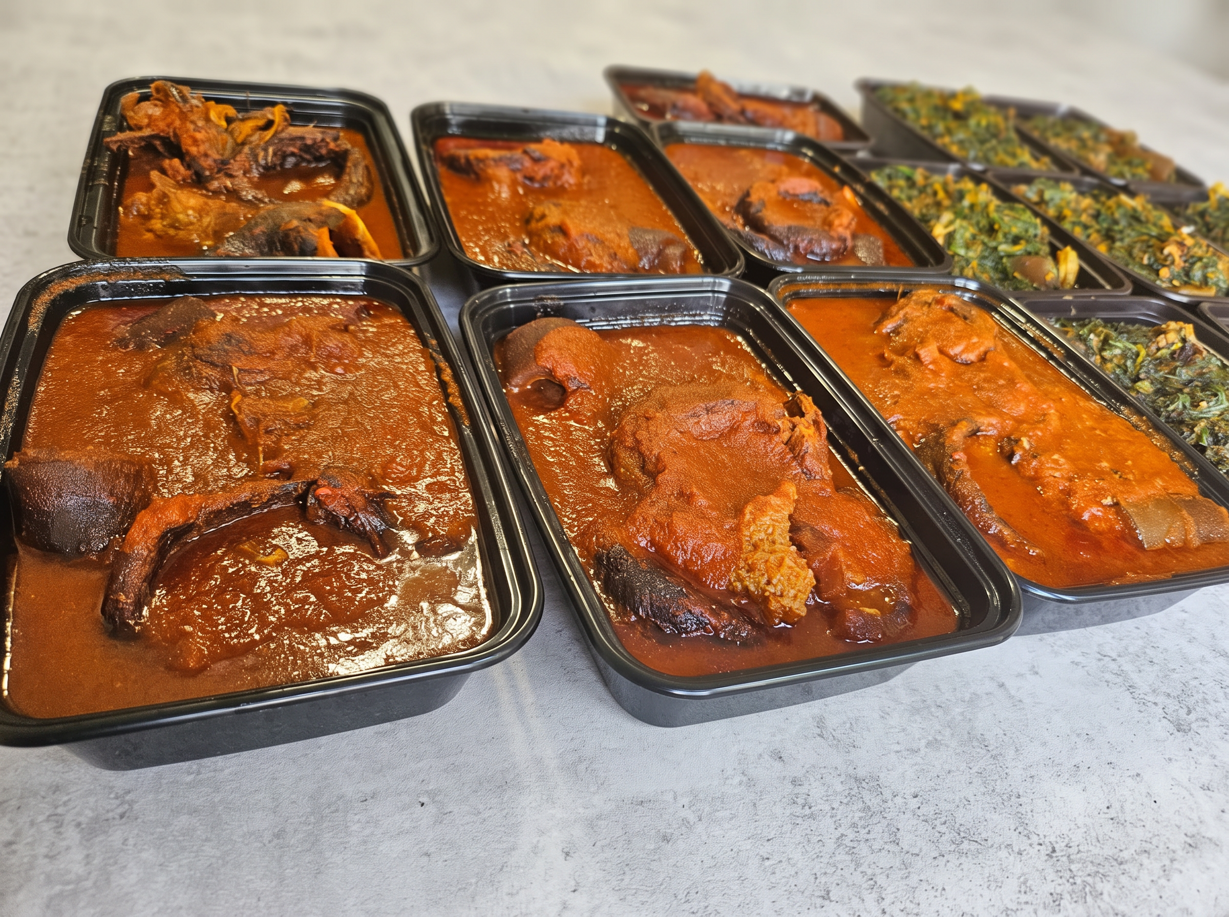 Trays of rich tomato stew with assorted meat